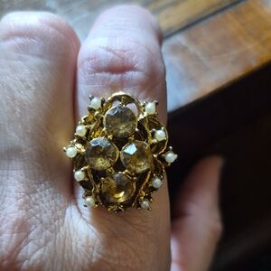 Vintage Topaz Colored Rhinestone Gold-tone and FauxPearl Statement Ring